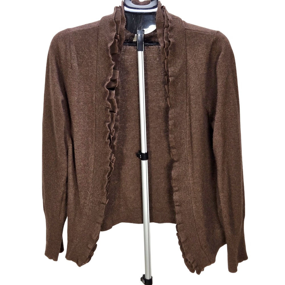 Women's Y2K Sarah Spencer XL Brown Wool Angora Ruffle Open Front Cardigan